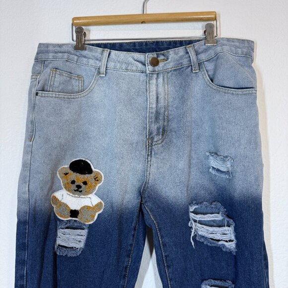 Funky Retro Jeans Distressed Bear Varsity Patches Streetwear Hip Hop Y2K 36 - Picture 1 of 9